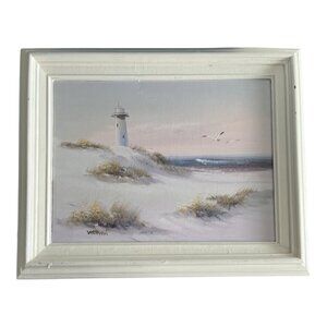 VTG Coastal Lighthouse Painting Signed Whiteman 15 x 11